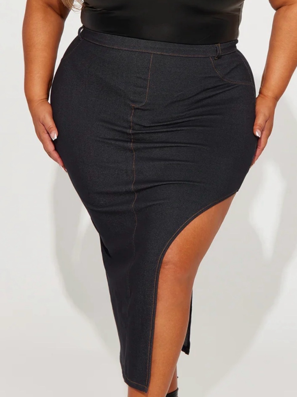 Dark wash Asymmetric Midi Skirt with High Side Slit